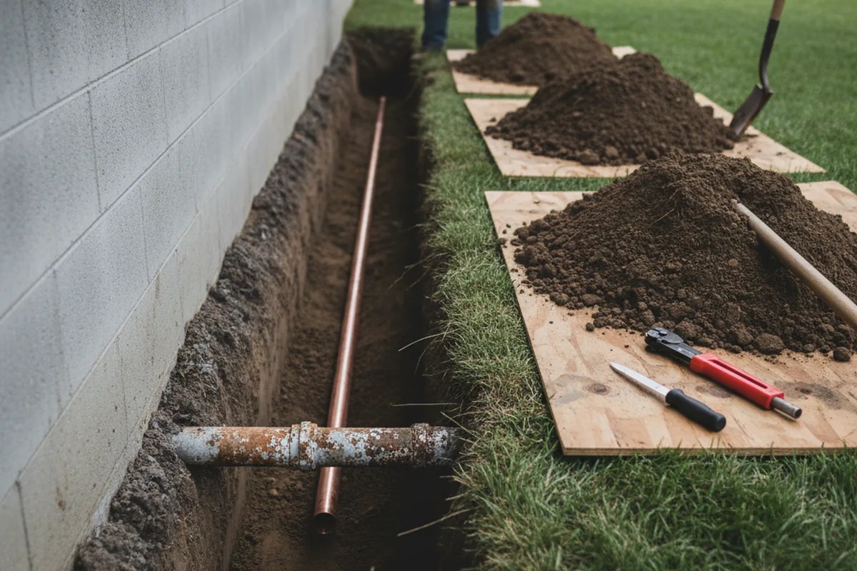 Excavated water line trench during Water Heater Repair in Pep